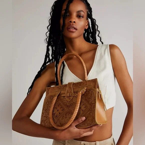 Bohemian Cleobella Arya Medium Brown Leather Embossed Detailed Handbag